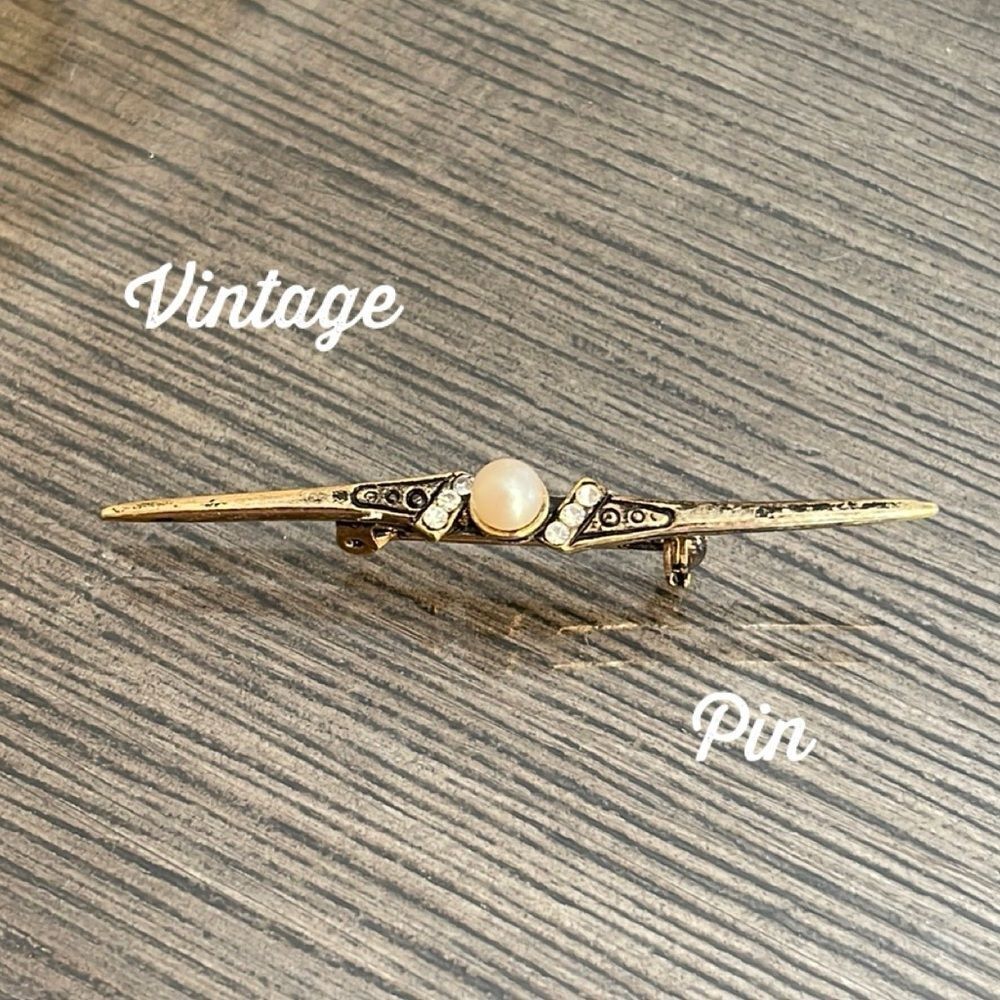 Vintage Bar Pin with Rhinestone & Pearl Accents